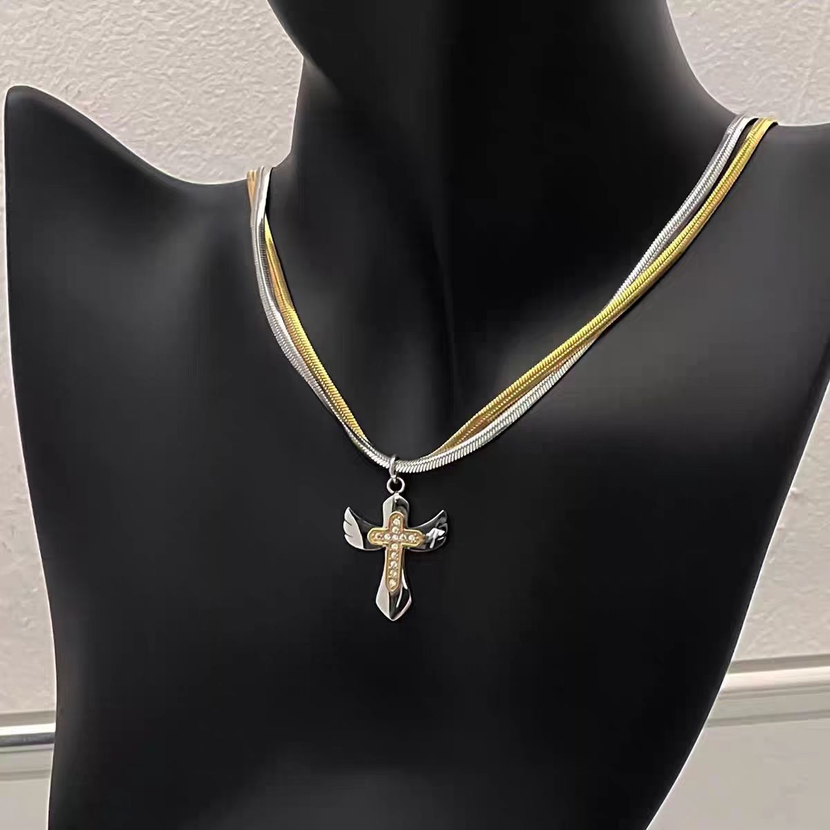 Redemption Two-Tone Cross Pendant Necklace, Layered Hip Hop Titanium Steel Luxury Chain