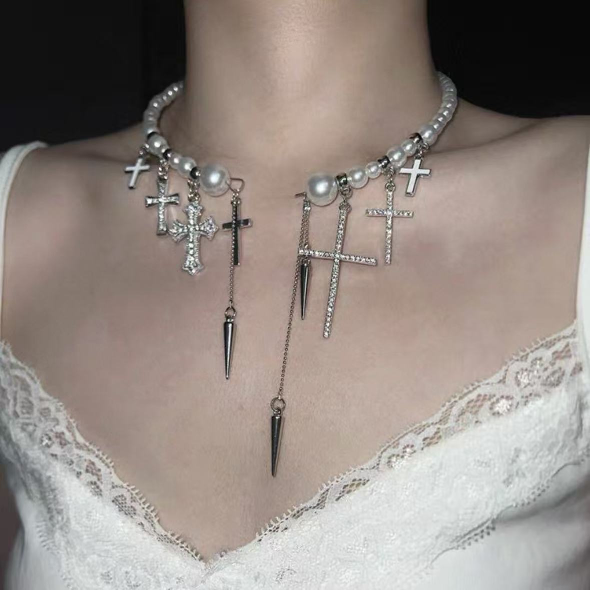 CHEALIMPID. Cross Pearl Multi-Layer Necklace, Minimalist Luxury Unisex Layering Choker