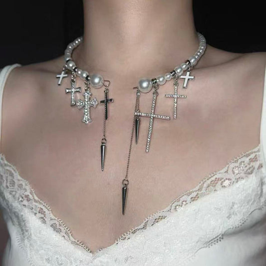 CHEALIMPID. Cross Pearl Multi-Layer Necklace, Minimalist Luxury Unisex Layering Choker