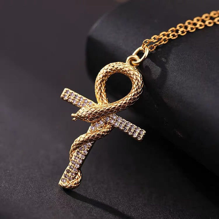 Hip-hop style golden snake cross men's clavicle necklace women's niche design necklace hiphop trendy men's necklace