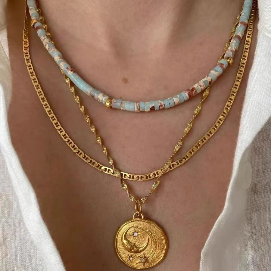 Hermina Athens Inspired Snake Chain Necklace with Moon & Coin Charm, Natural Stone Layering Set for Women