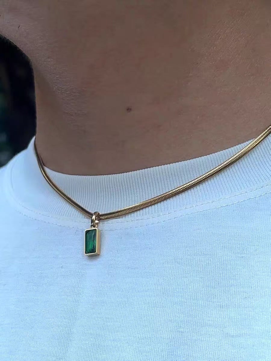 18K Gold Plated Titanium Steel Rectangular Emerald Pendant Necklace, Unisex Snake Chain Summer Choker