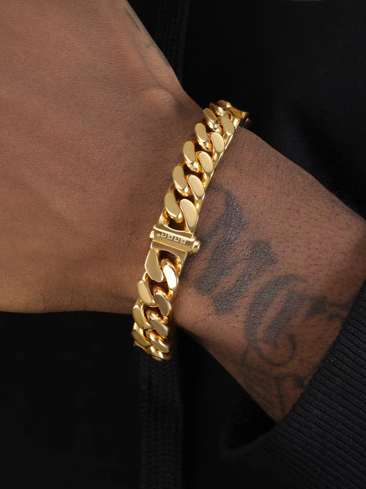 18K gold titanium steel Cuban bracelet men's European and American hiphop street style cuban link bracelet