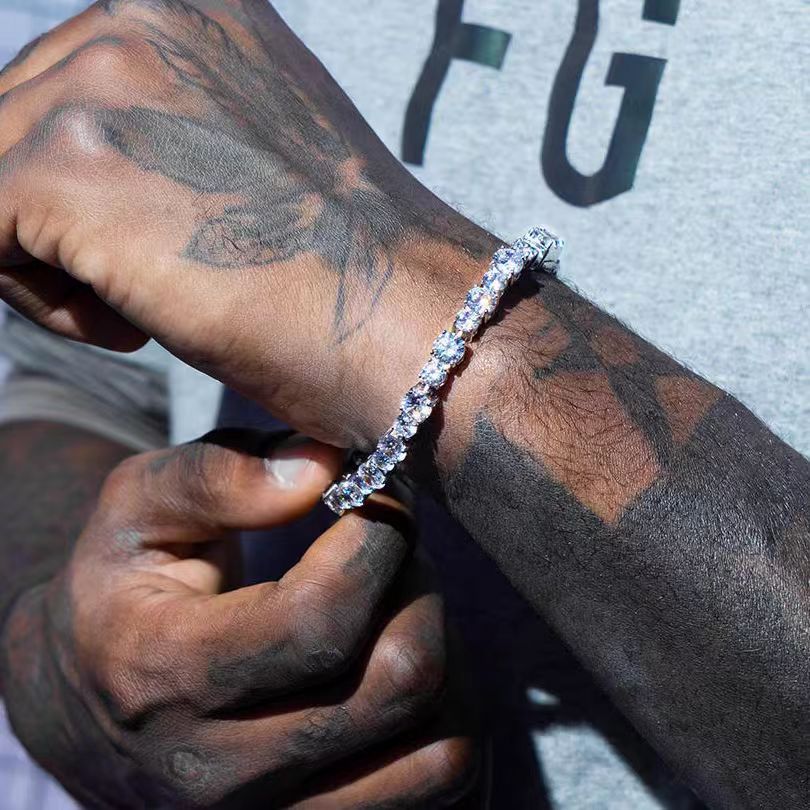 Full diamond tennis bracelet European and American hip-hop men's titanium steel does not fade high-end hip-hop niche zircon bracelet men