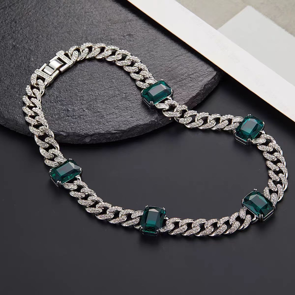 New INS Style Emerald Gemstone Cuban Chain, Unisex Hip Hop Full Pave Luxury Necklace