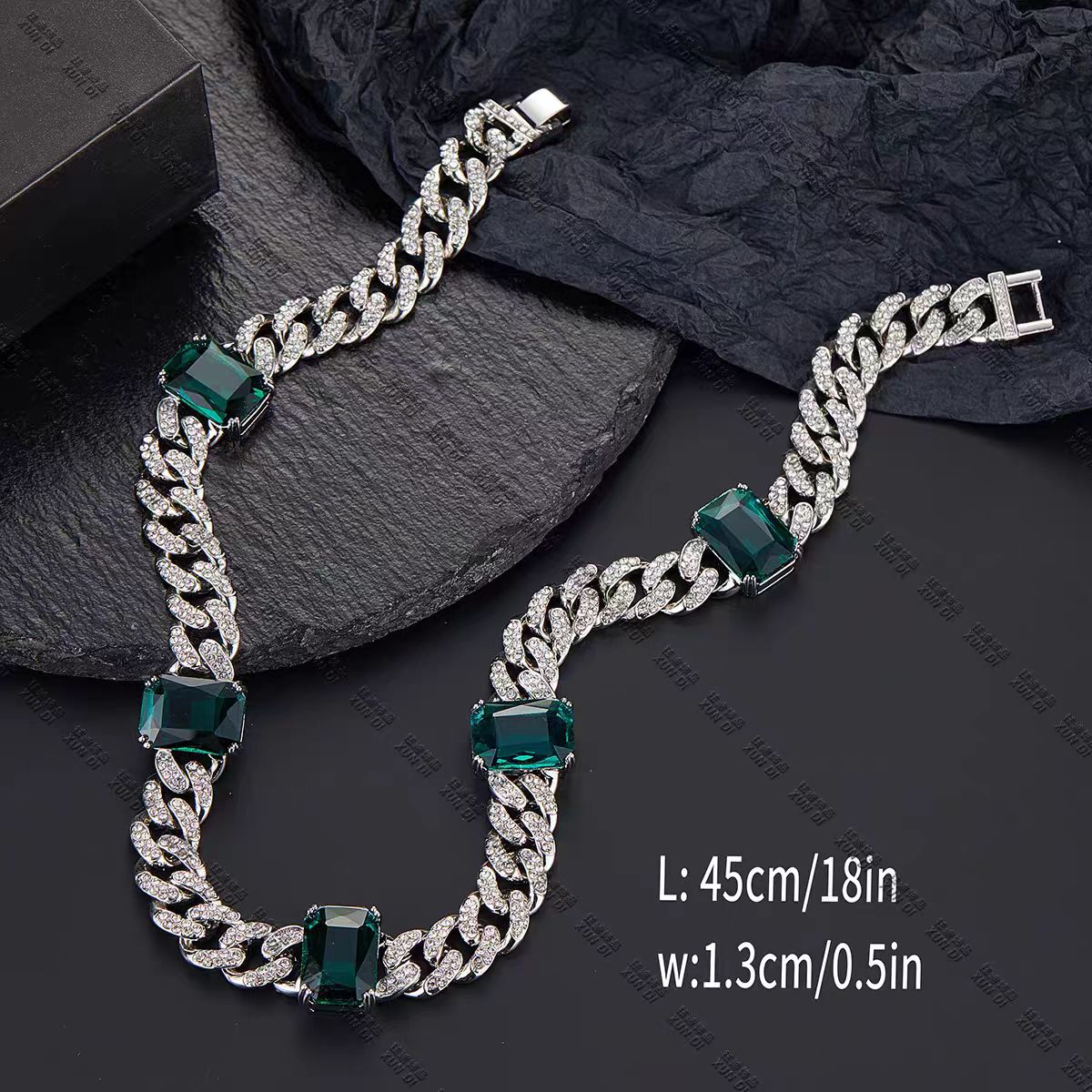 New INS Style Emerald Gemstone Cuban Chain, Unisex Hip Hop Full Pave Luxury Necklace