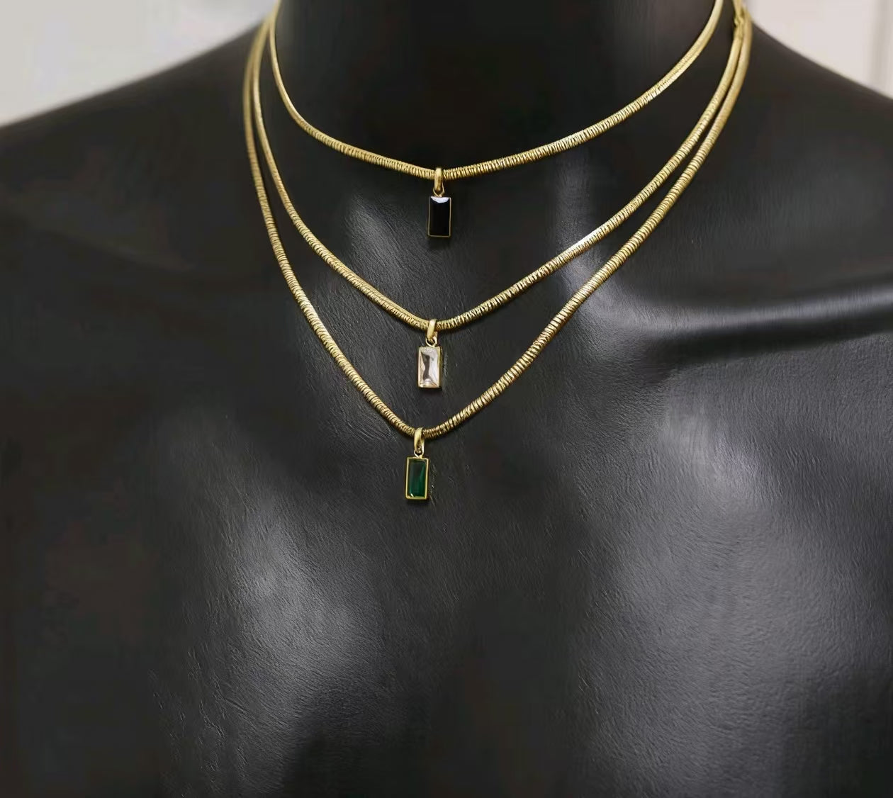 18K Gold Plated Titanium Steel Rectangular Emerald Pendant Necklace, Unisex Snake Chain Summer Choker