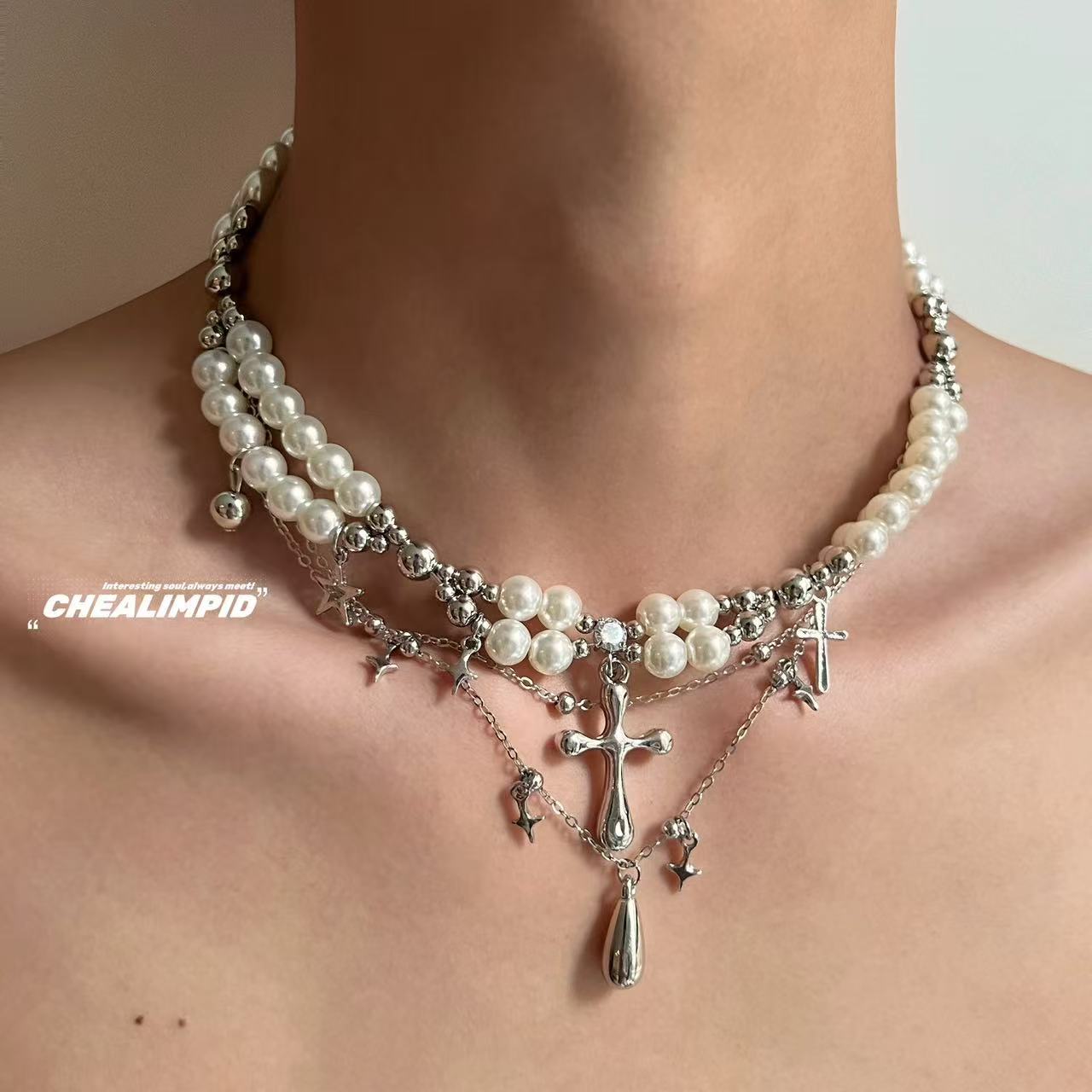 CHEALIMPID. Layered Cross Pearl Choker Necklace, Minimalist Luxury Unisex Multi-Strand Chain