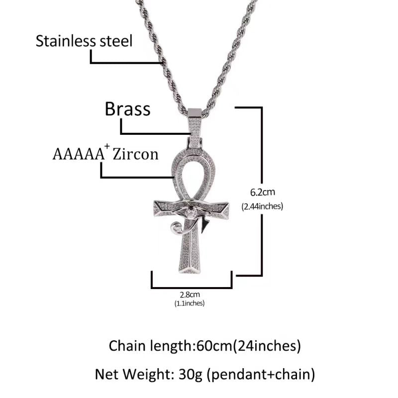 American Hip Hop Full Pave Eye of Horus & Ankh Pendant Necklace, Unisex Vintage Streetwear Jewelry