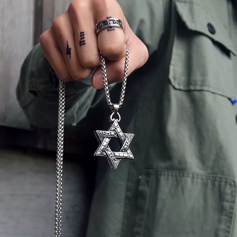 Matching Hexagram Couple Necklaces, His & Hers Gothic Titanium Steel Chain, Two-Sided Pendant