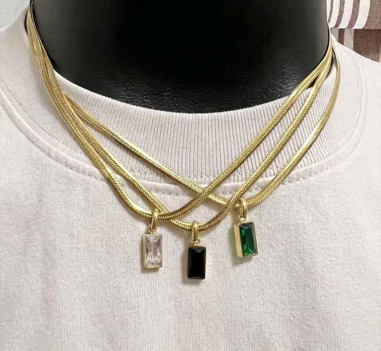 18K Gold Plated Titanium Steel Rectangular Emerald Pendant Necklace, Unisex Snake Chain Summer Choker