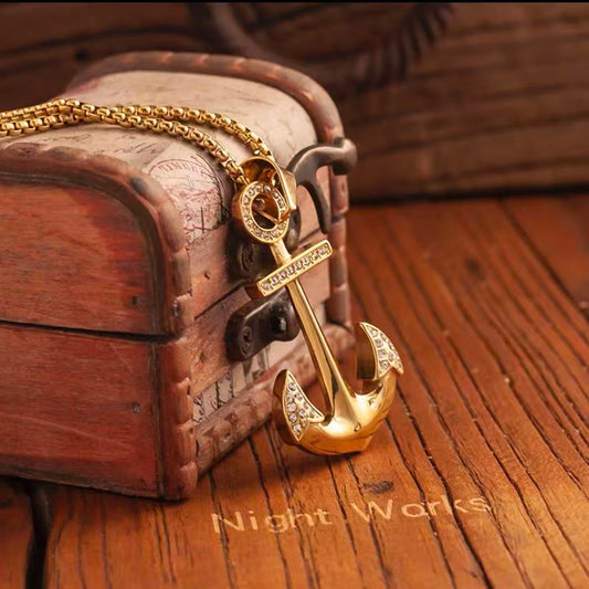 NIGHT WORKS Navy Honor Gold Anchor Pendant Necklace, Vintage Rhinestone Military Hip Hop Chain
