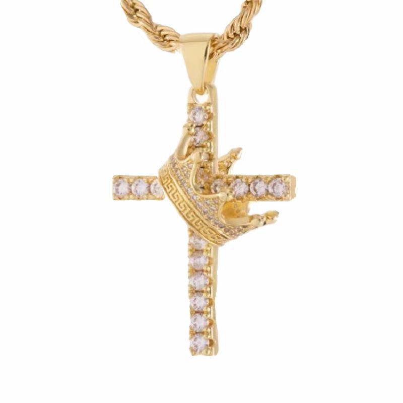 Full Pave Crown & Cross Pendant Necklace, Hip Hop Vintage Streetwear Luxury Drop Piece