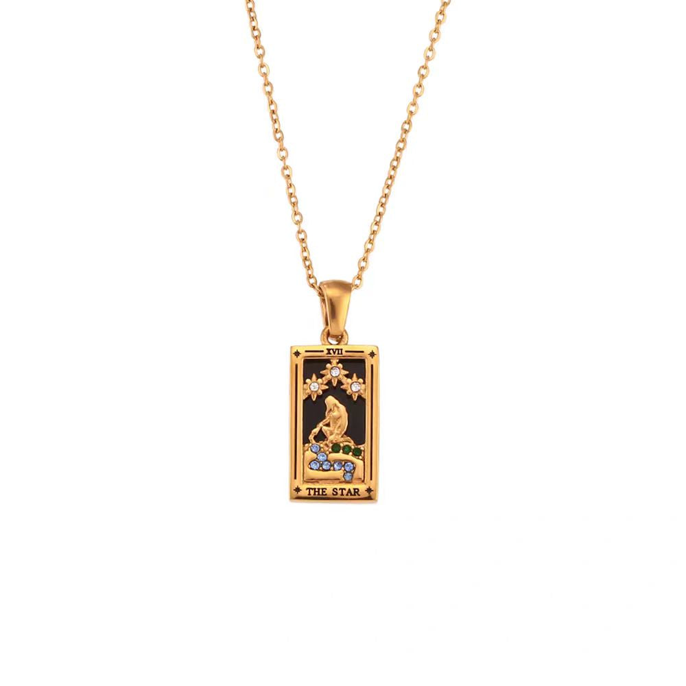 Vintage Tarot Card Necklace in 18K Gold Plated Titanium Steel, Unisex Antique Oracle Pendant, Couples Love Choker