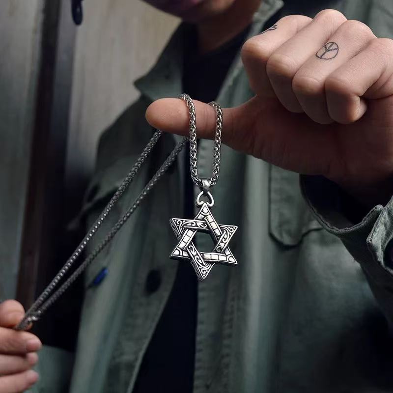 Matching Hexagram Couple Necklaces, His & Hers Gothic Titanium Steel Chain, Two-Sided Pendant