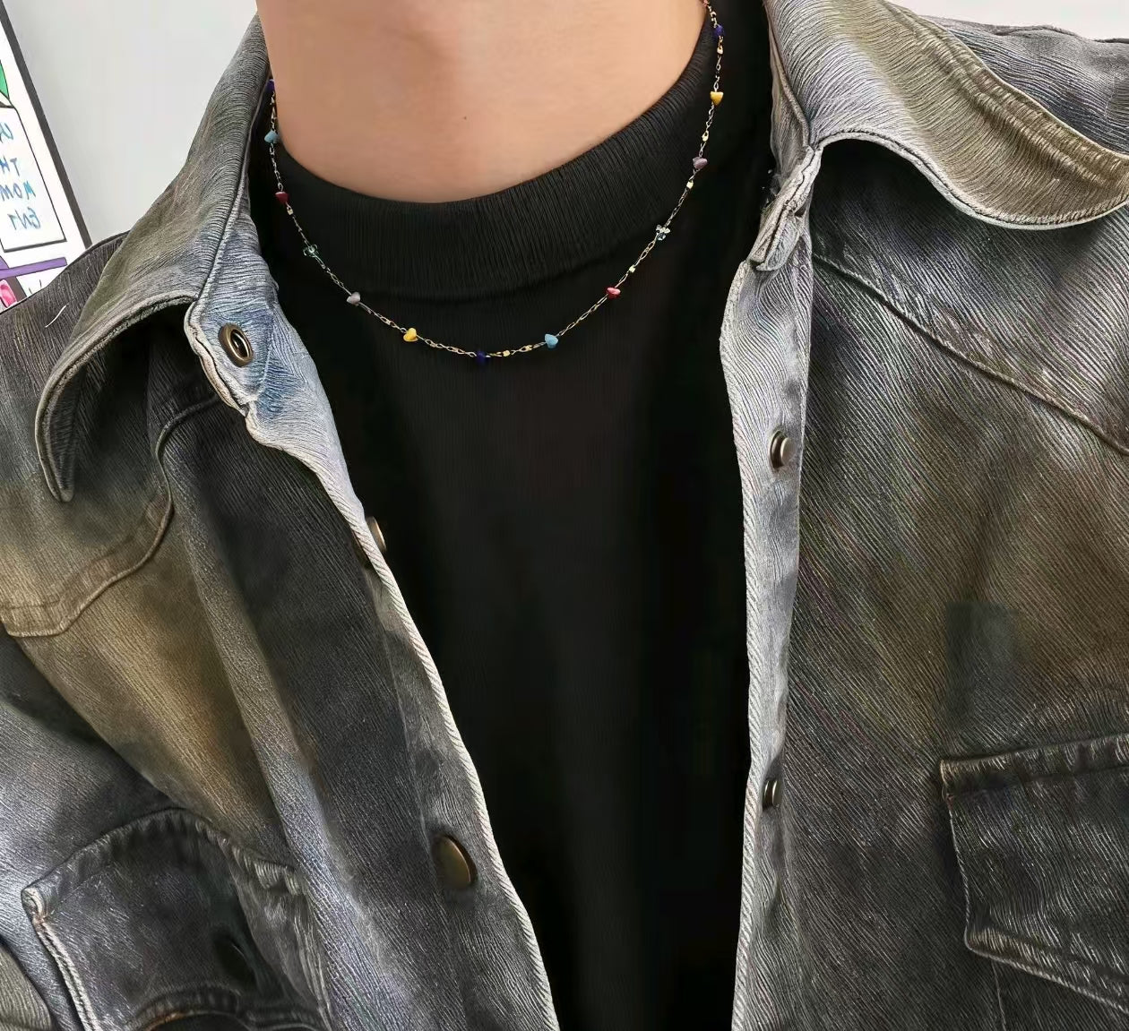 American Colorful Crushed Stone Block Pendant Necklace, Unisex Abstract Geometric Choker Chain