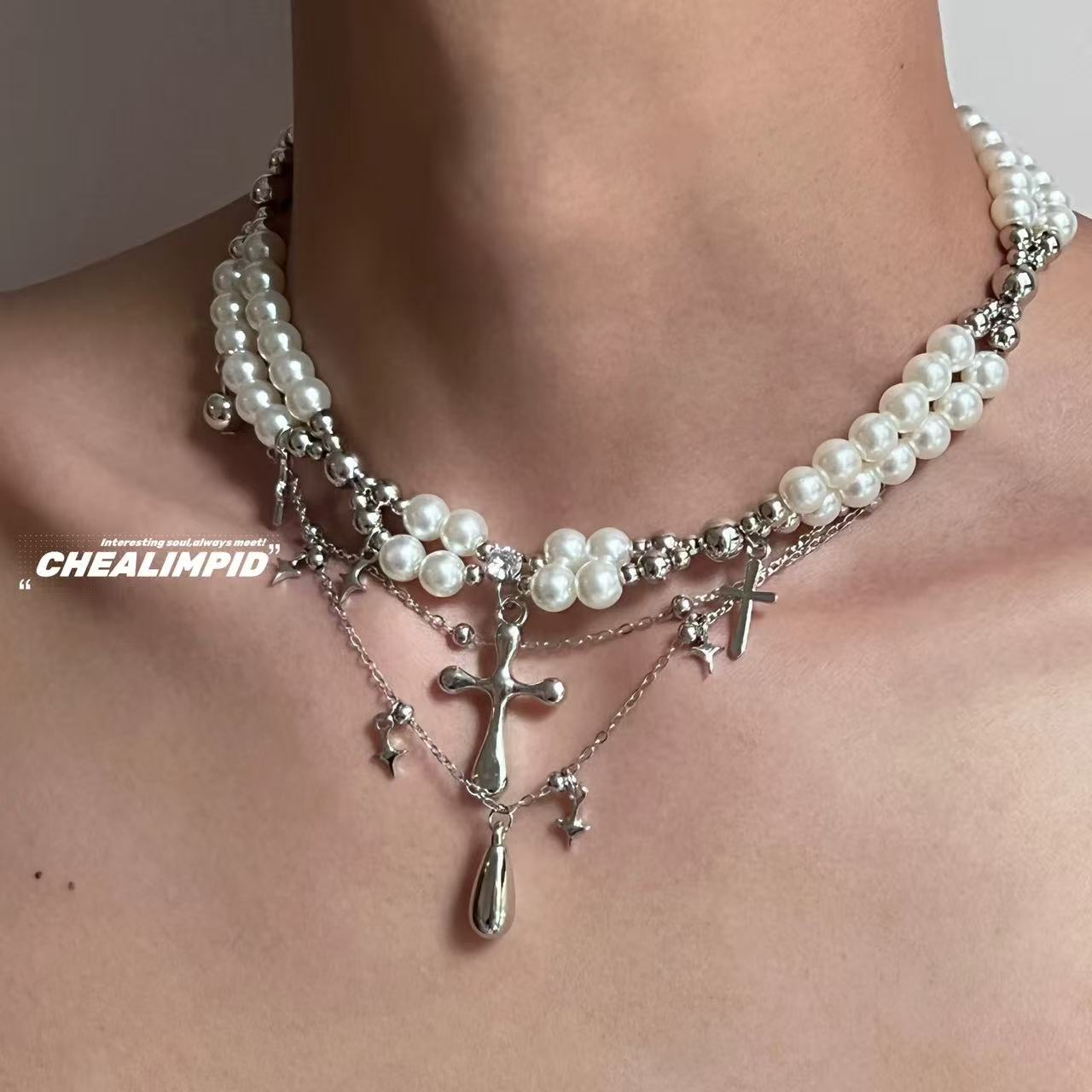 CHEALIMPID. Layered Cross Pearl Choker Necklace, Minimalist Luxury Unisex Multi-Strand Chain