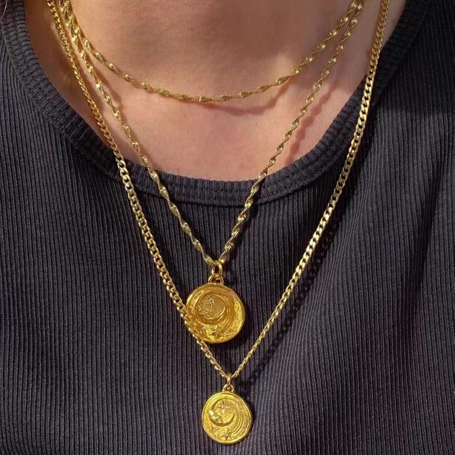 Hermina Athens Inspired Snake Chain Necklace with Moon & Coin Charm, Natural Stone Layering Set for Women