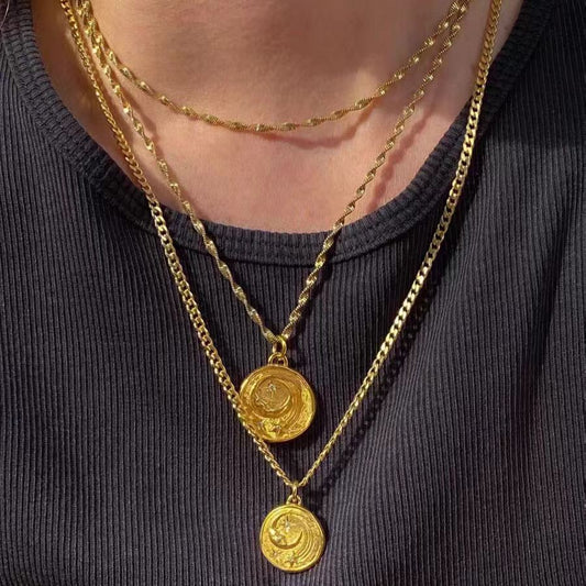 Hermina Athens Inspired Snake Chain Necklace with Moon & Coin Charm, Natural Stone Layering Set for Women