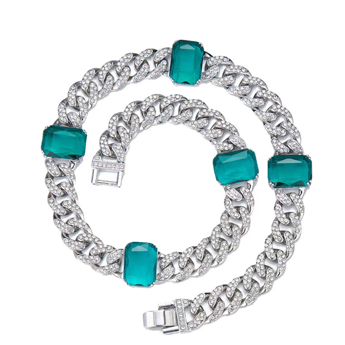 New INS Style Emerald Gemstone Cuban Chain, Unisex Hip Hop Full Pave Luxury Necklace