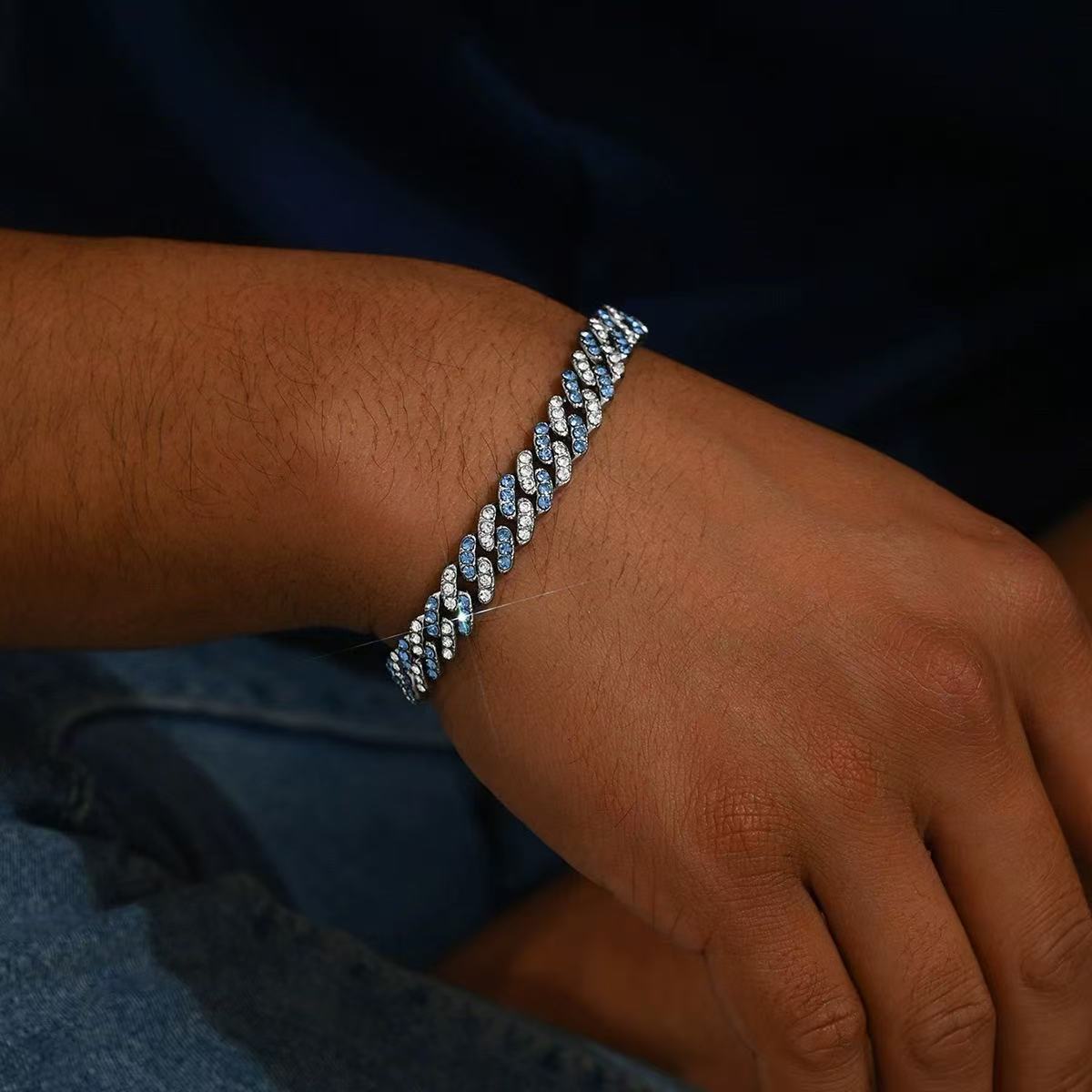 MS Navy Blue Diamond Two-Tone Bracelet American Hip Hop Full Pave Rap Cuban Chain Men's Wristwear