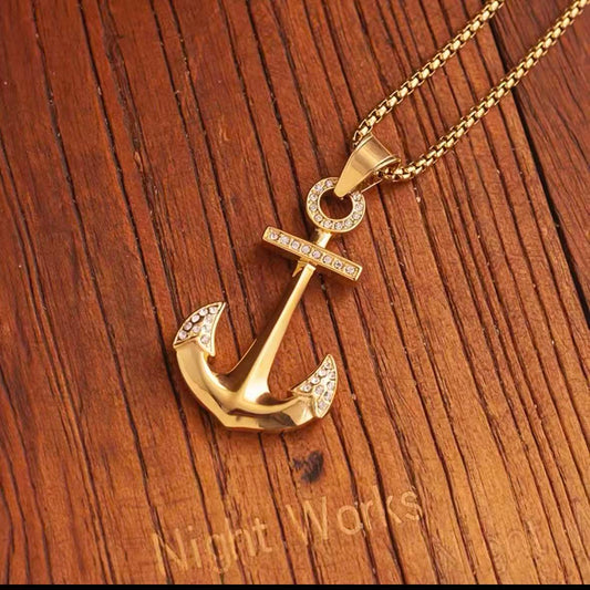 NIGHT WORKS Navy Honor Gold Anchor Pendant Necklace, Vintage Rhinestone Military Hip Hop Chain