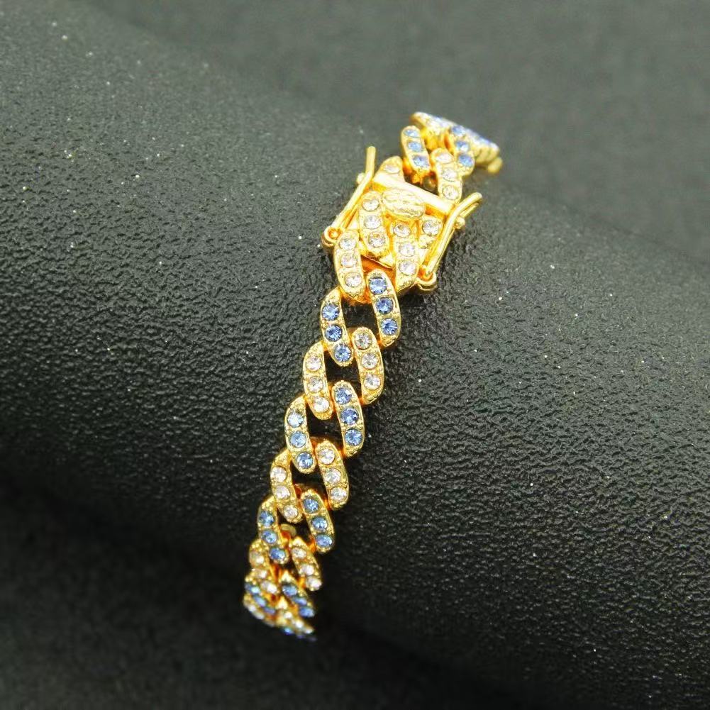 MS Navy Blue Diamond Two-Tone Bracelet American Hip Hop Full Pave Rap Cuban Chain Men's Wristwear