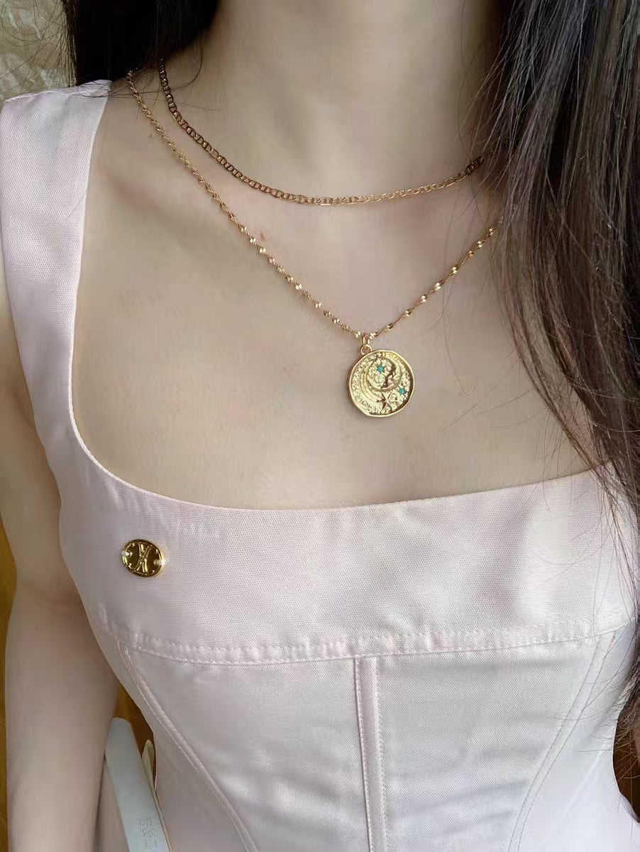 Hermina Athens Inspired Snake Chain Necklace with Moon & Coin Charm, Natural Stone Layering Set for Women
