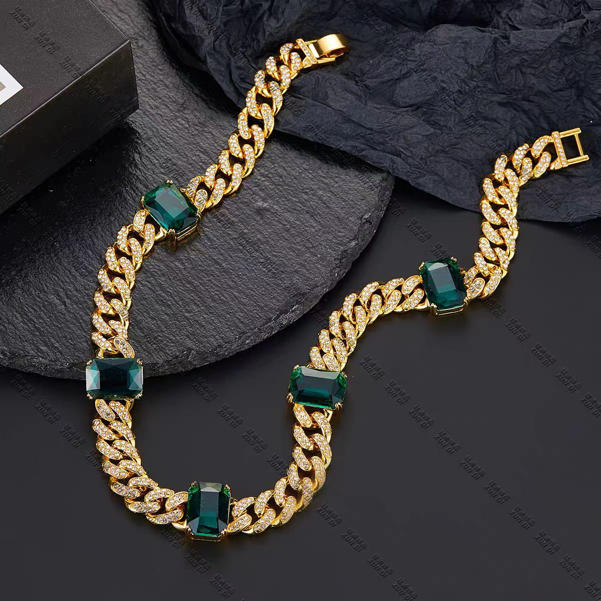 New INS Style Emerald Gemstone Cuban Chain, Unisex Hip Hop Full Pave Luxury Necklace