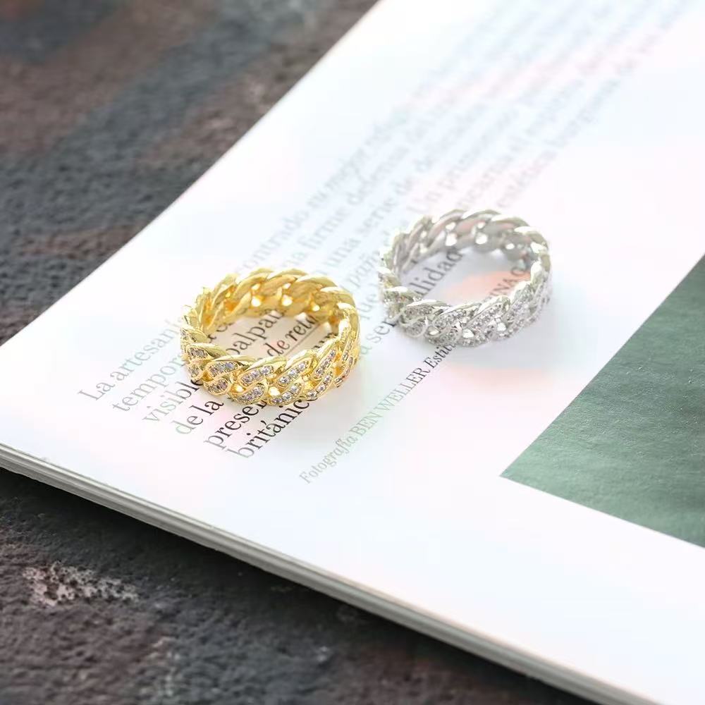 Iced Out Cuban Link Ring Unisex Minimalist Diamond Pinky Ring Hip Hop Luxury Couple Band