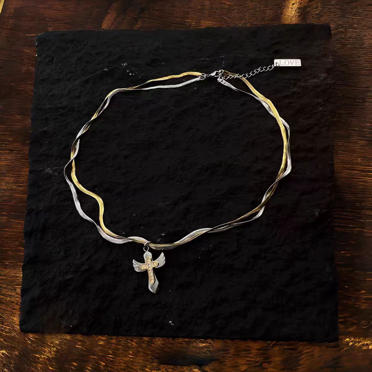 Redemption Two-Tone Cross Pendant Necklace, Layered Hip Hop Titanium Steel Luxury Chain