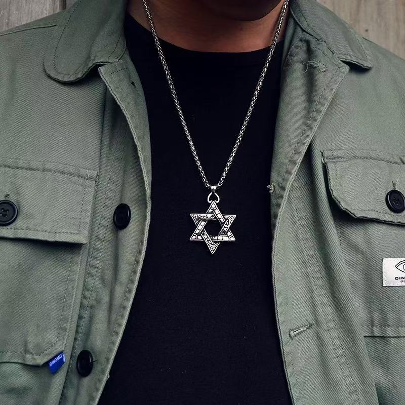 Matching Hexagram Couple Necklaces, His & Hers Gothic Titanium Steel Chain, Two-Sided Pendant