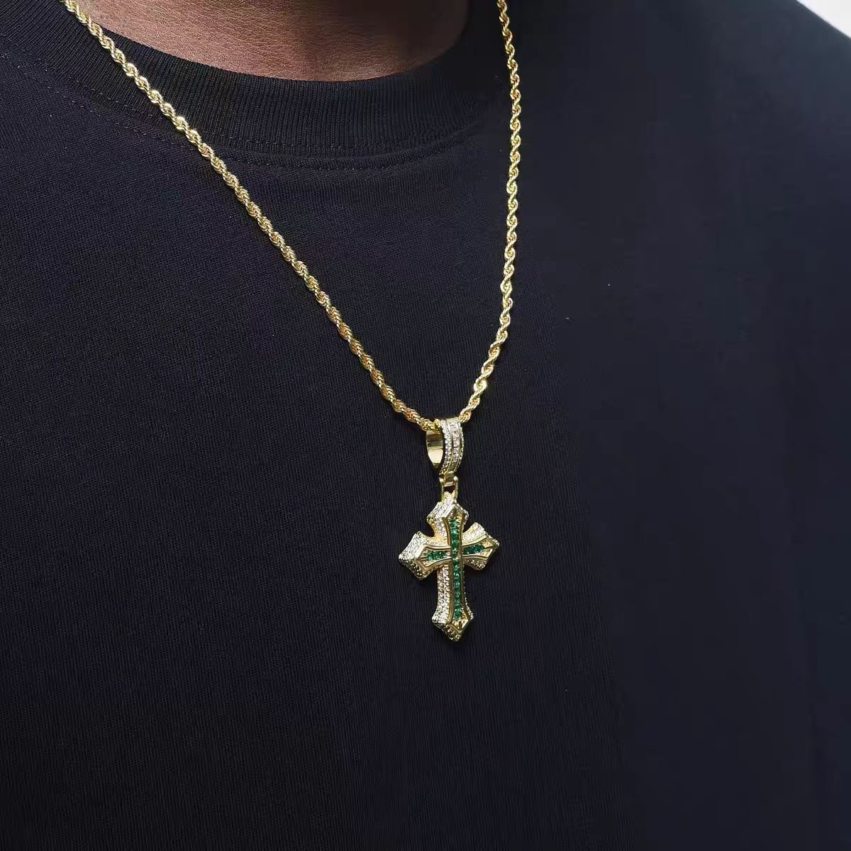 ICEGANG Gold Green Step-Cut Cross Pendant Necklace, Unisex Hip Hop Chain, Classic Iced Out Layering Piece