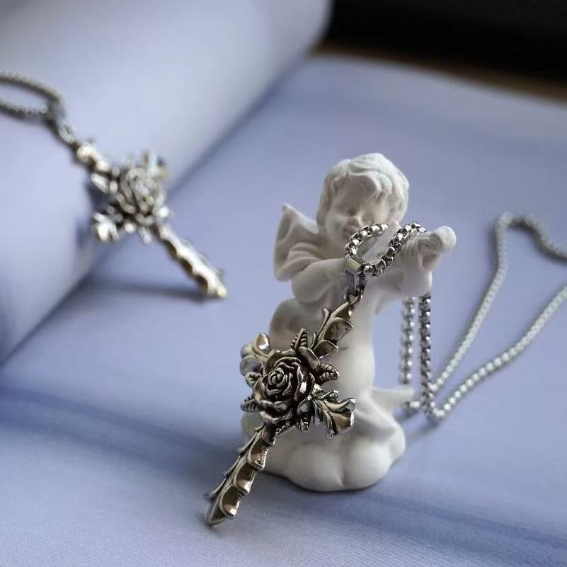 EVE Rose Cross Pendant Necklace for Men, Gothic Titanium Steel