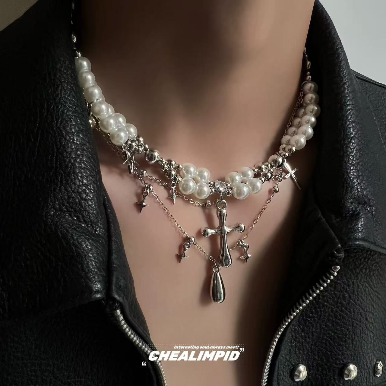 CHEALIMPID. Layered Cross Pearl Choker Necklace, Minimalist Luxury Unisex Multi-Strand Chain