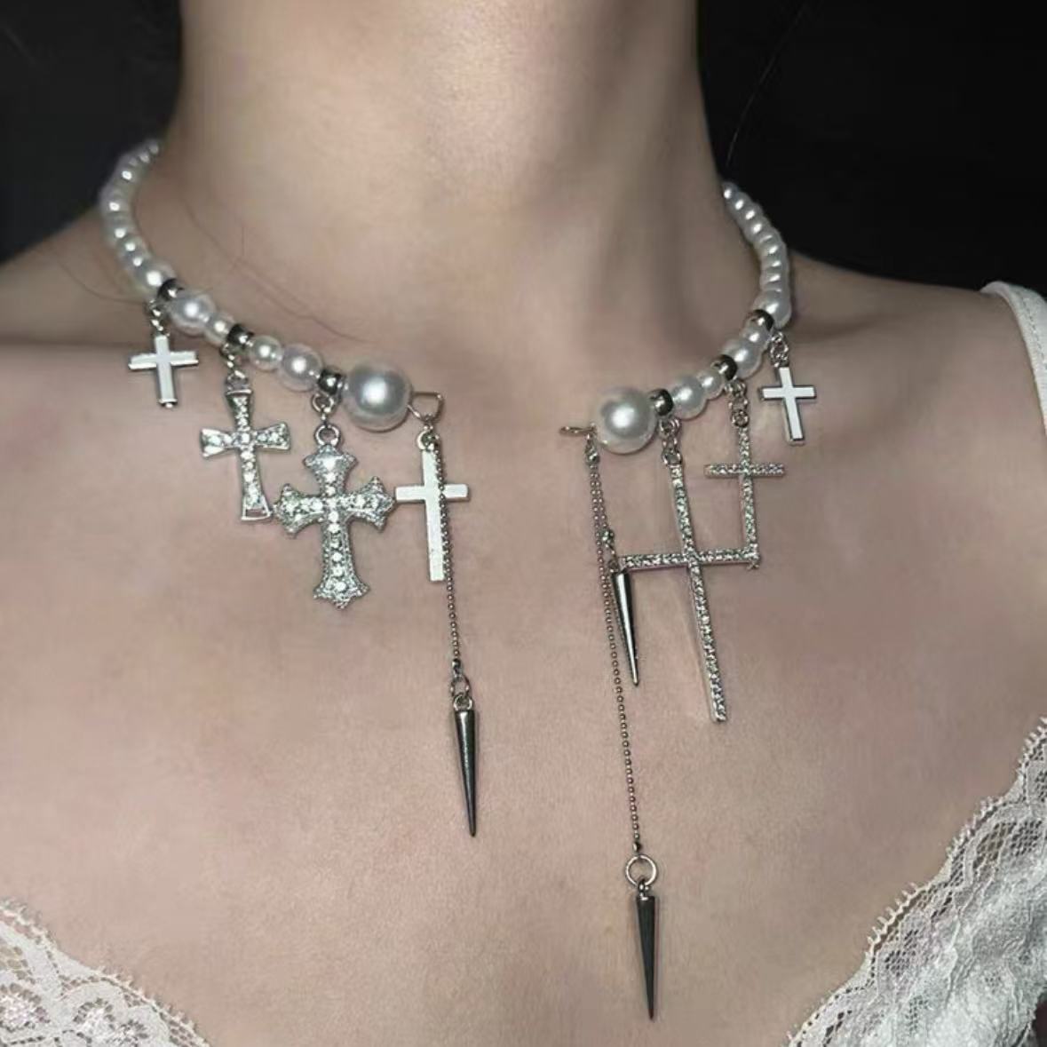 CHEALIMPID. Cross Pearl Multi-Layer Necklace, Minimalist Luxury Unisex Layering Choker