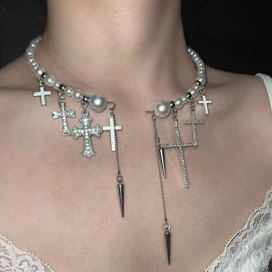 CHEALIMPID. Cross Pearl Multi-Layer Necklace, Minimalist Luxury Unisex Layering Choker