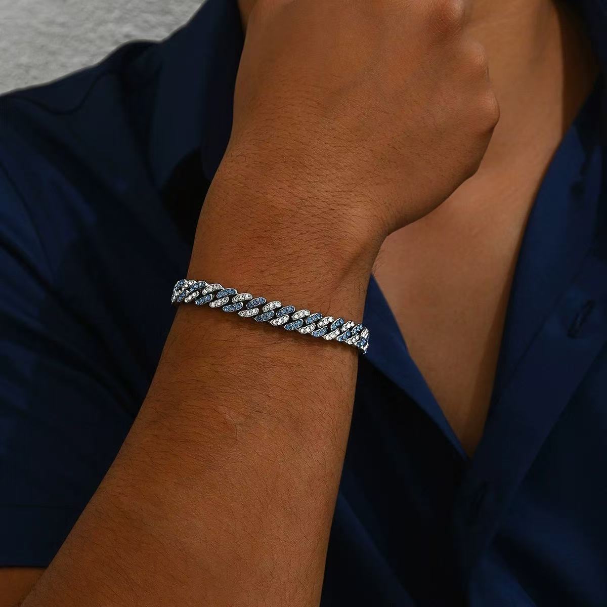 MS Navy Blue Diamond Two-Tone Bracelet American Hip Hop Full Pave Rap Cuban Chain Men's Wristwear