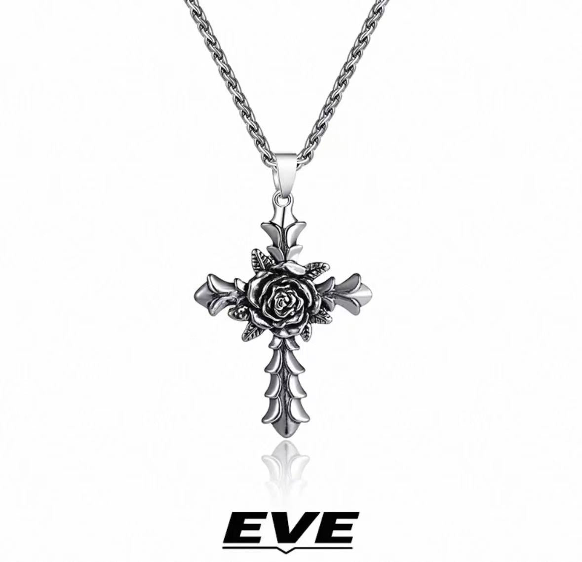 EVE Rose Cross Pendant Necklace for Men, Gothic Titanium Steel