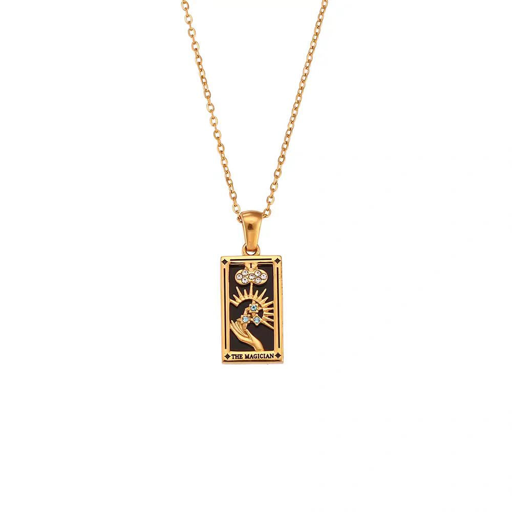 Vintage Tarot Card Necklace in 18K Gold Plated Titanium Steel, Unisex Antique Oracle Pendant, Couples Love Choker
