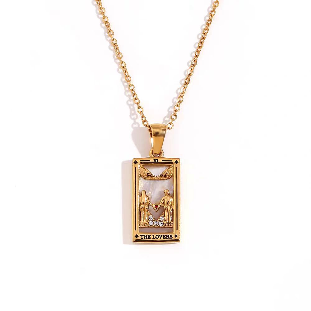 Vintage Tarot Card Necklace in 18K Gold Plated Titanium Steel, Unisex Antique Oracle Pendant, Couples Love Choker