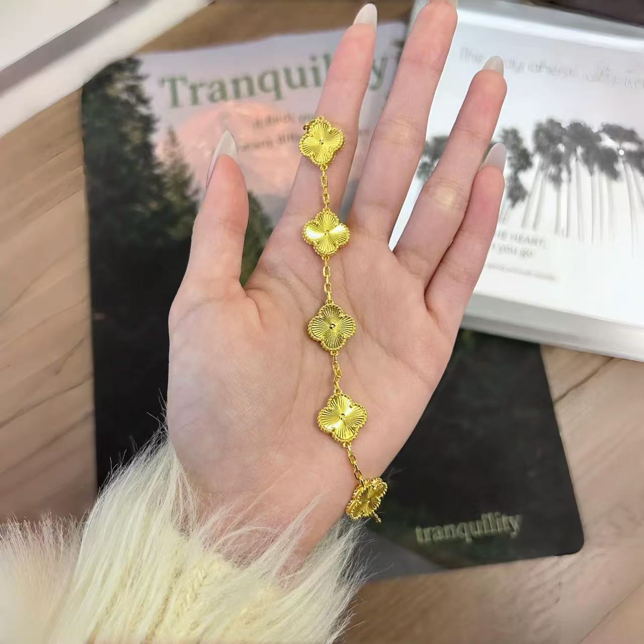 24K Gold-Tone Figaro Clover Charm Bracelet | Fade-Resistant Vietnamese Gold Plated Dainty Anklet for Women
