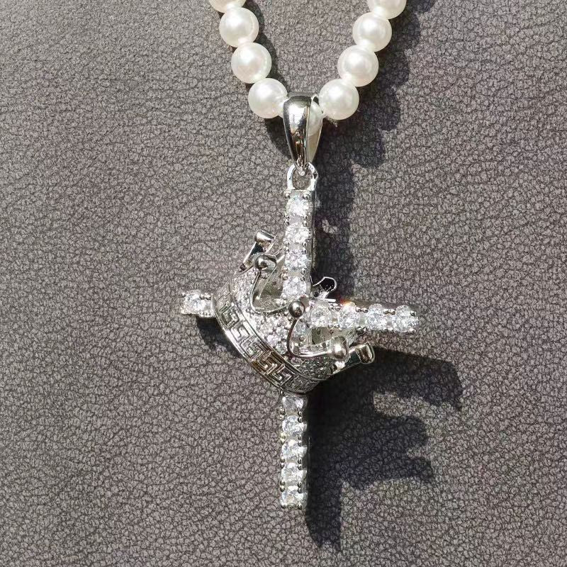 Full Pave Crown & Cross Pendant Necklace, Hip Hop Vintage Streetwear Luxury Drop Piece