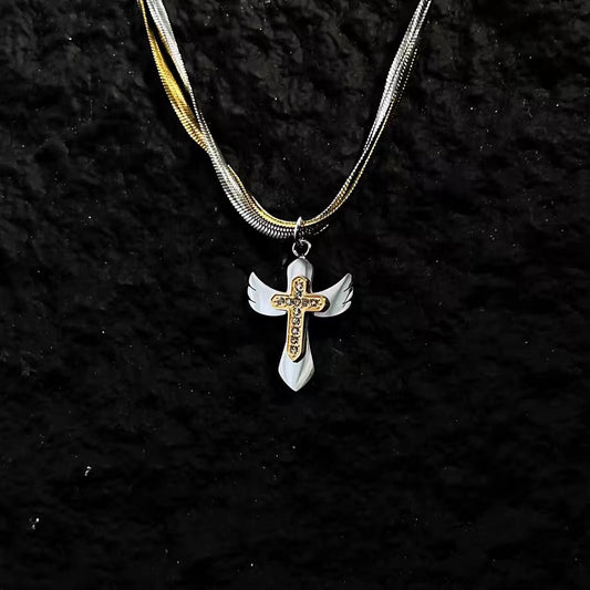 Redemption Two-Tone Cross Pendant Necklace, Layered Hip Hop Titanium Steel Luxury Chain