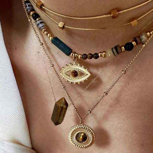Bohemian Tiger Eye Beaded Necklace, Handmade Gemstone Choker, Luxury Vacation Layering Piece