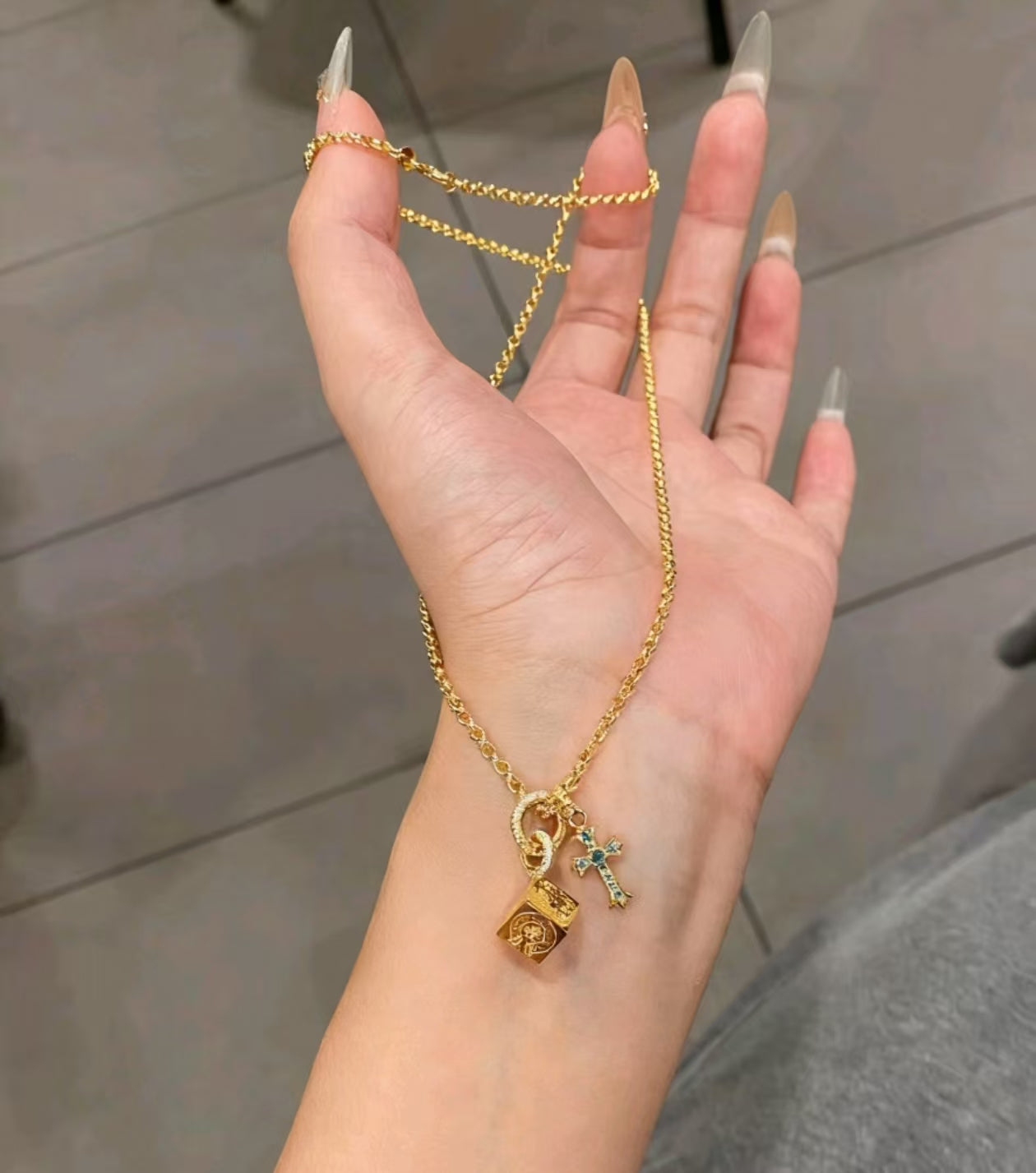 New Gold Cube Dice & Blue Diamond Cross Pendant Necklace, Fade-Proof Luxury Statement Collar Chain