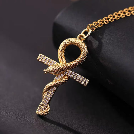 Hip-hop style golden snake cross men's clavicle necklace women's niche design necklace hiphop trendy men's necklace