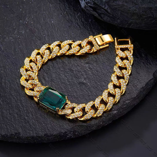 New INS Style Emerald Gemstone Cuban Chain, Unisex Hip Hop Full Pave Luxury Necklace