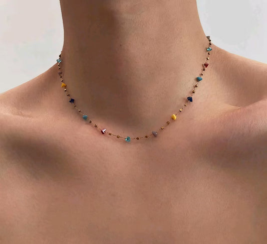 American Colorful Crushed Stone Block Pendant Necklace, Unisex Abstract Geometric Choker Chain