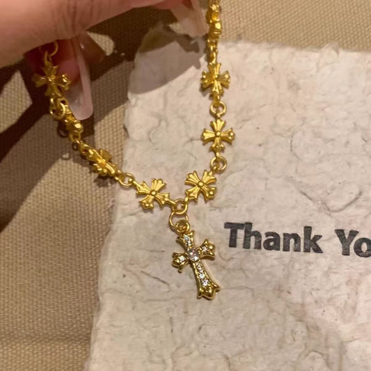 Gold diamond cross bracelet for women light luxury niche exquisite hand jewelry retro ethnic style high-end bracelet